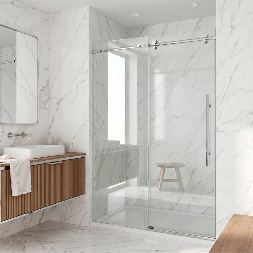 Elan E-Class 56 to 60 in. W x 76 in. H Frameless Sliding Shower Door and Meridian 4-Piece Bath Hardware Set in Chrome