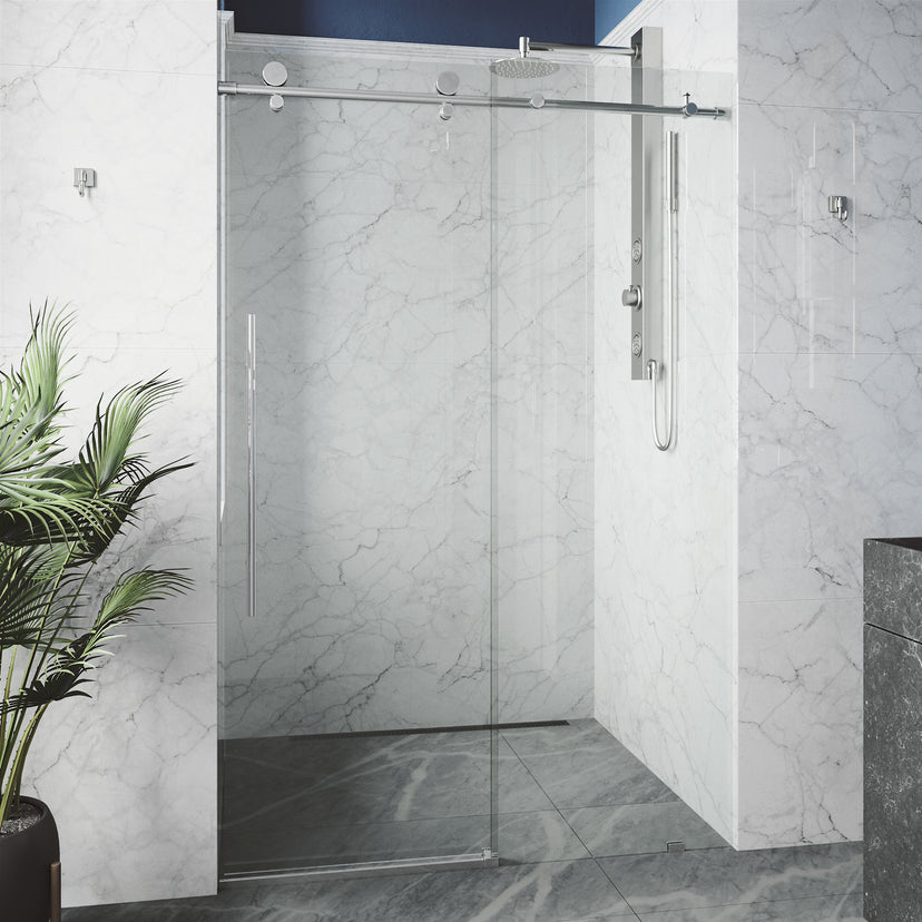 Elan E-Class 56 to 60 in. W x 76 in. H Frameless Sliding Shower Door and Meridian 4-Piece Bath Hardware Set in Chrome