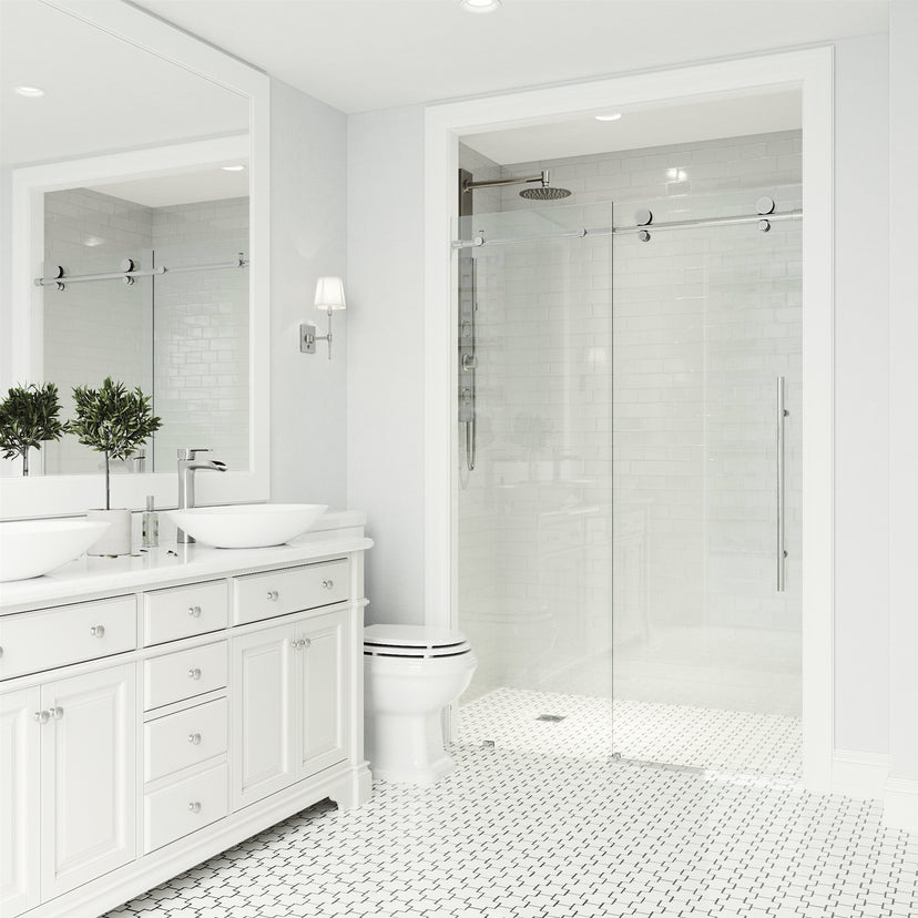 Elan E-Class 60 to 64 in. W x 76 in. H Frameless Sliding Shower Door and Meridian 4-Piece Bath Hardware Set in Chrome