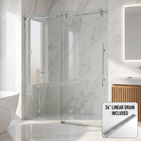 Elan E-Class 68-72 in. W x 76 in. H Frameless Sliding Shower Door in Chrome with 3/8 in. (10mm) Clear Glass and Elan 24 in. Linear Shower Drain