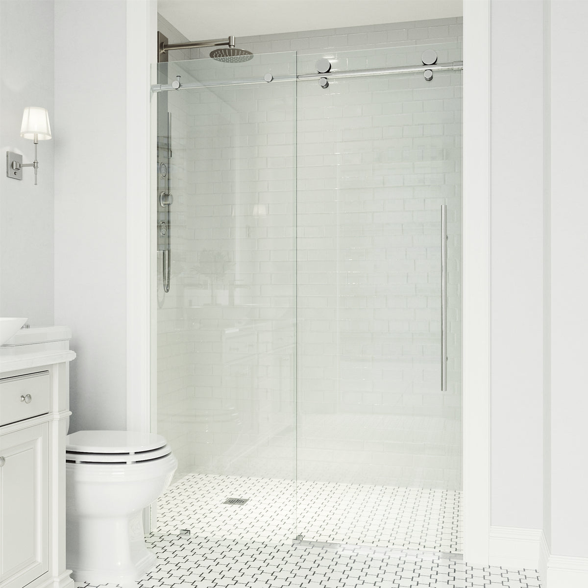 Elan E-Class 68-72 in. W x 76 in. H Frameless Sliding Shower Door in Chrome with 3/8 in. (10mm) Clear Glass and Elan 24 in. Linear Shower Drain