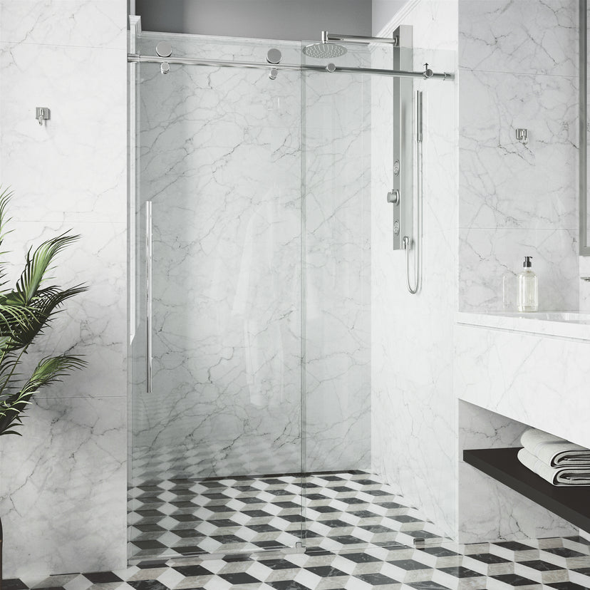 Elan E-Class 68-72 in. W x 76 in. H Frameless Sliding Shower Door in Chrome with 3/8 in. (10mm) Clear Glass and Elan 24 in. Linear Shower Drain