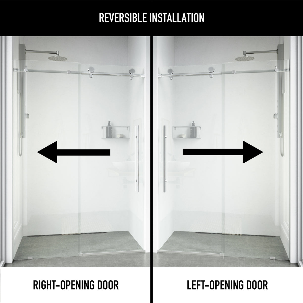 Elan E-Class 68-72 in. W x 76 in. H Frameless Sliding Shower Door in Chrome with 3/8 in. (10mm) Clear Glass and Elan 24 in. Linear Shower Drain
