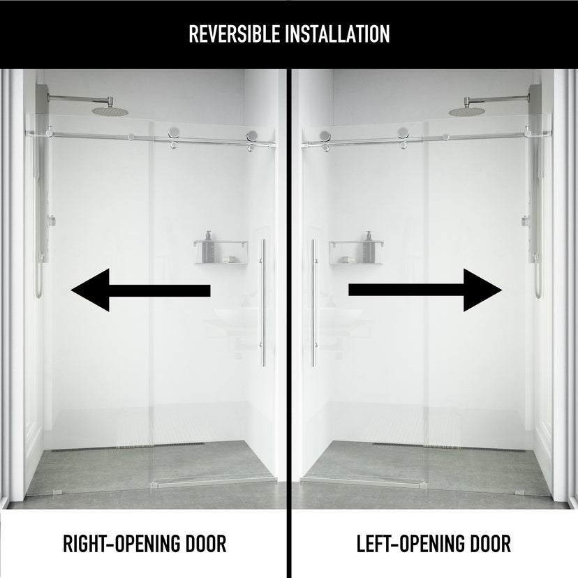 Elan E-Class 68-72 in. W x 76 in. H Frameless Sliding Shower Door in Chrome with 3/8 in. (10mm) Clear Glass and Elan 24 in. Linear Shower Drain