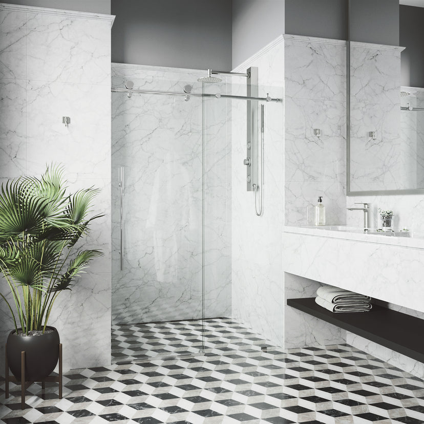 Elan E-Class 68 to 72 in. W x 76 in. H Frameless Sliding Shower Door and Satro 3-Piece Bath Hardware Set in Chrome