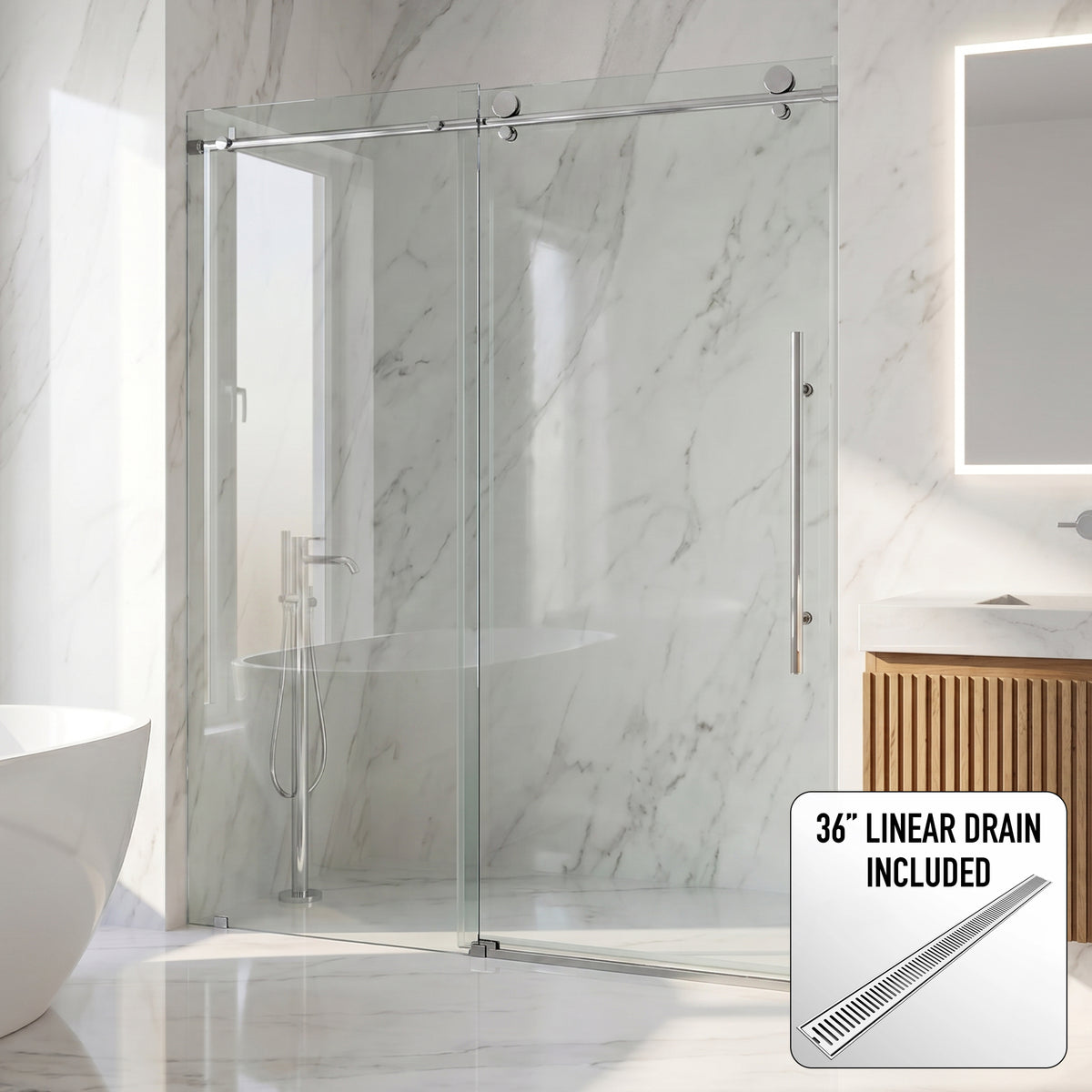 Elan E-Class 68-72 in. W x 76 in. H Frameless Sliding Shower Door in Chrome with 3/8 in. (10mm) Clear Glass and Elan 36 in. Linear Shower Drain
