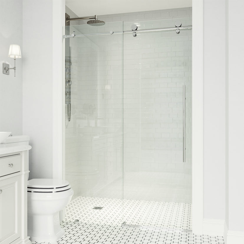 Elan E-Class 68-72 in. W x 76 in. H Frameless Sliding Shower Door in Chrome with 3/8 in. (10mm) Clear Glass and Elan 36 in. Linear Shower Drain