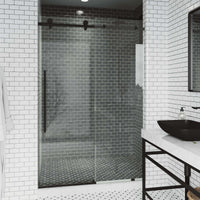 Matte black frameless sliding shower door with clear tempered glass, 44-48 in. width