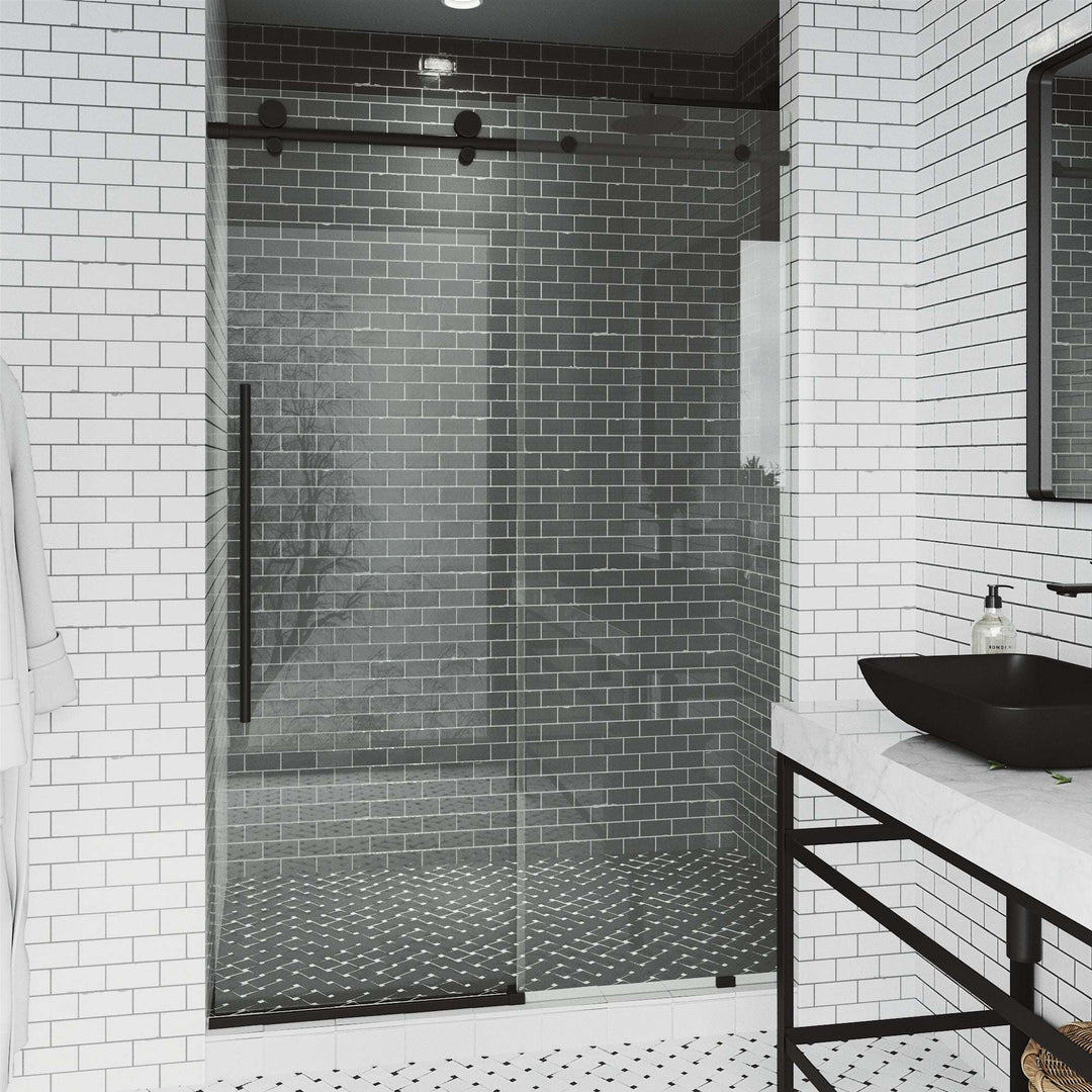 Matte black frameless sliding shower door with clear tempered glass, 44-48 in. width