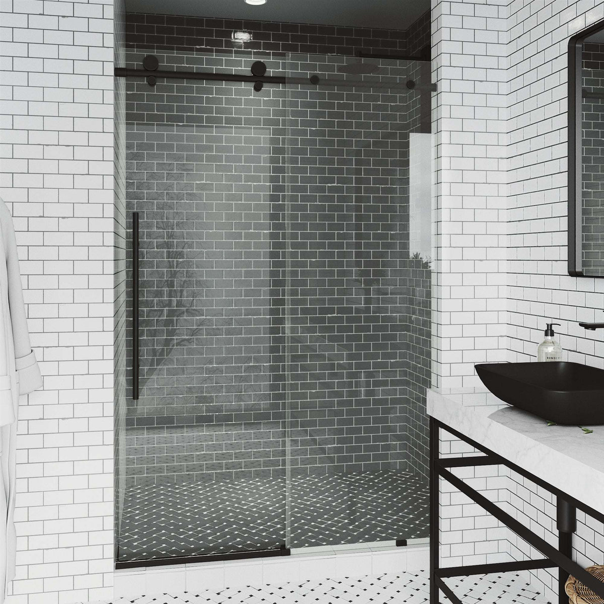 Matte black frameless sliding shower door with clear tempered glass, 44-48 in. width