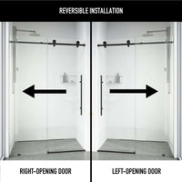 Frameless shower door with matte black finish, sliding design, clear tempered glass