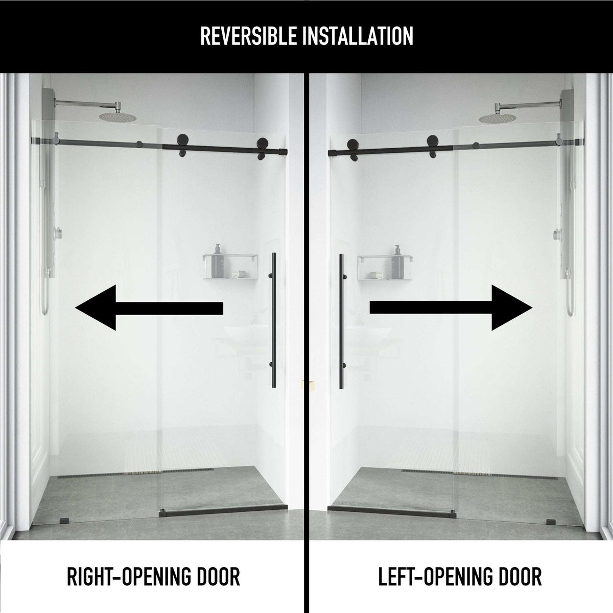 Frameless shower door with matte black finish, sliding design, clear tempered glass