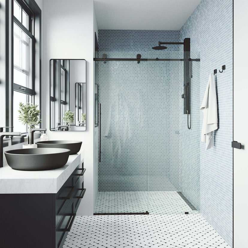 Stainless steel hardware matte black shower door, 76 in. height, clear tempered glass