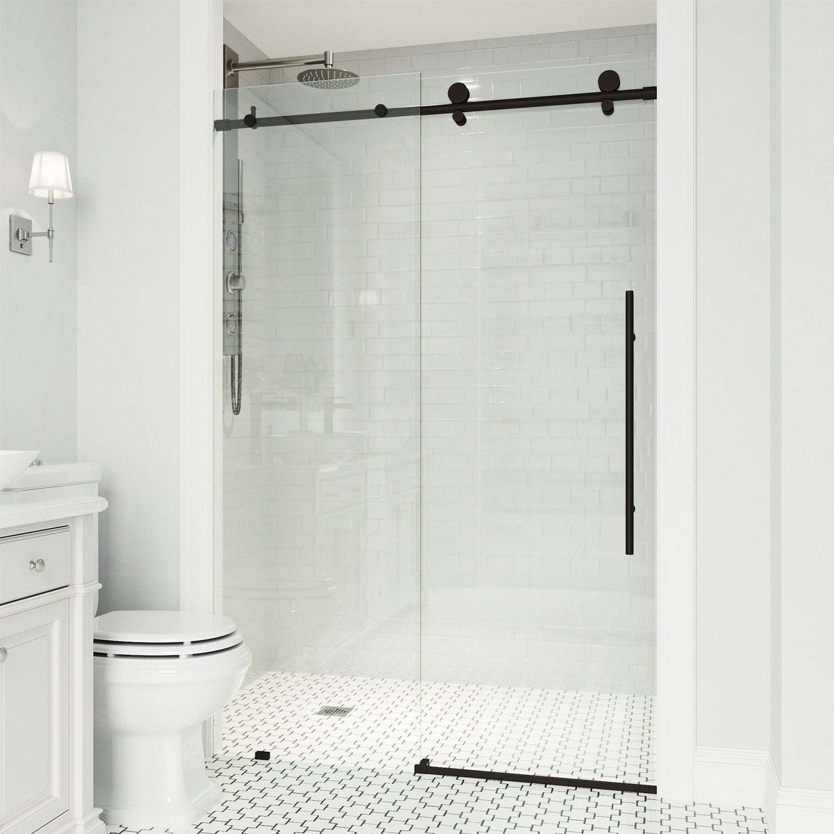 Clear glass frameless shower door with matte black bar handle, 44-48 in. width