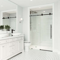 Reversible sliding shower door matte black finish, 44-48 in. adjustable, tempered glass