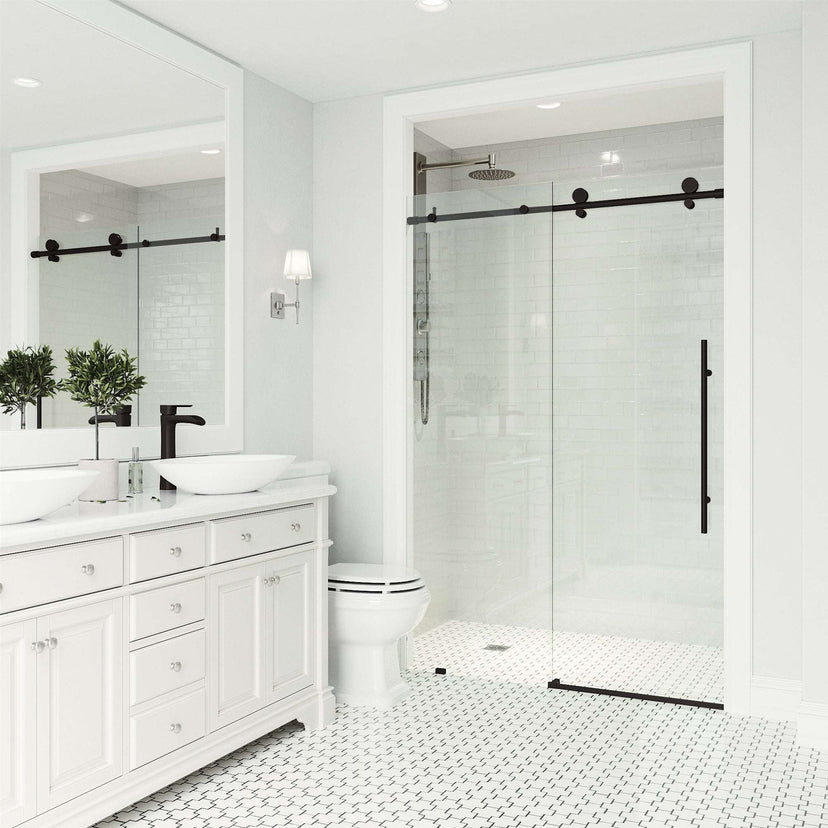 Reversible sliding shower door matte black finish, 44-48 in. adjustable, tempered glass