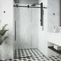 Matte black finish frameless shower door with clear glass, modern design, 76 in. tall