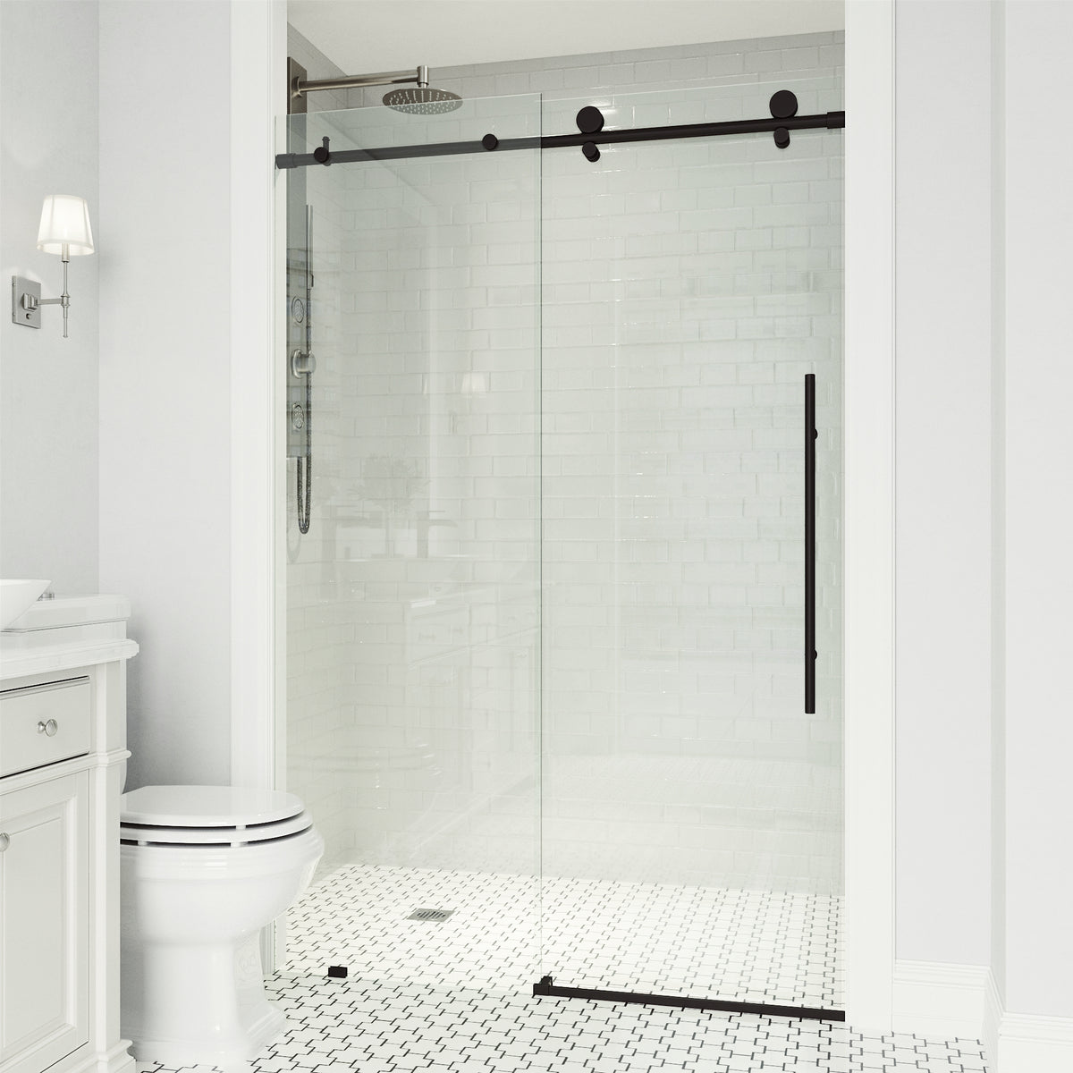 Elan E-Class 44 to 48 in. W x 76 in. H Frameless Sliding Shower Door and Elan 24 in. Linear Shower Drain in Matte Black
