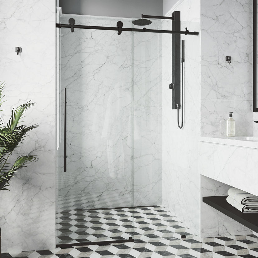 Elan E-Class 44 to 48 in. W x 76 in. H Frameless Sliding Shower Door and Elan 24 in. Linear Shower Drain in Matte Black
