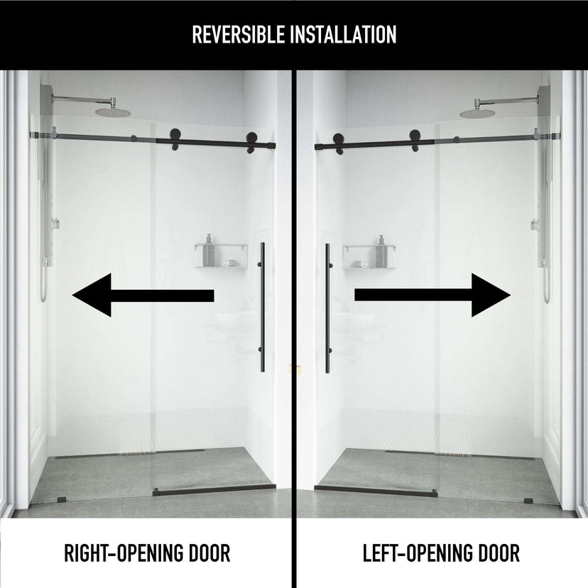 Frameless shower door with matte black finish, sliding design, clear tempered glass