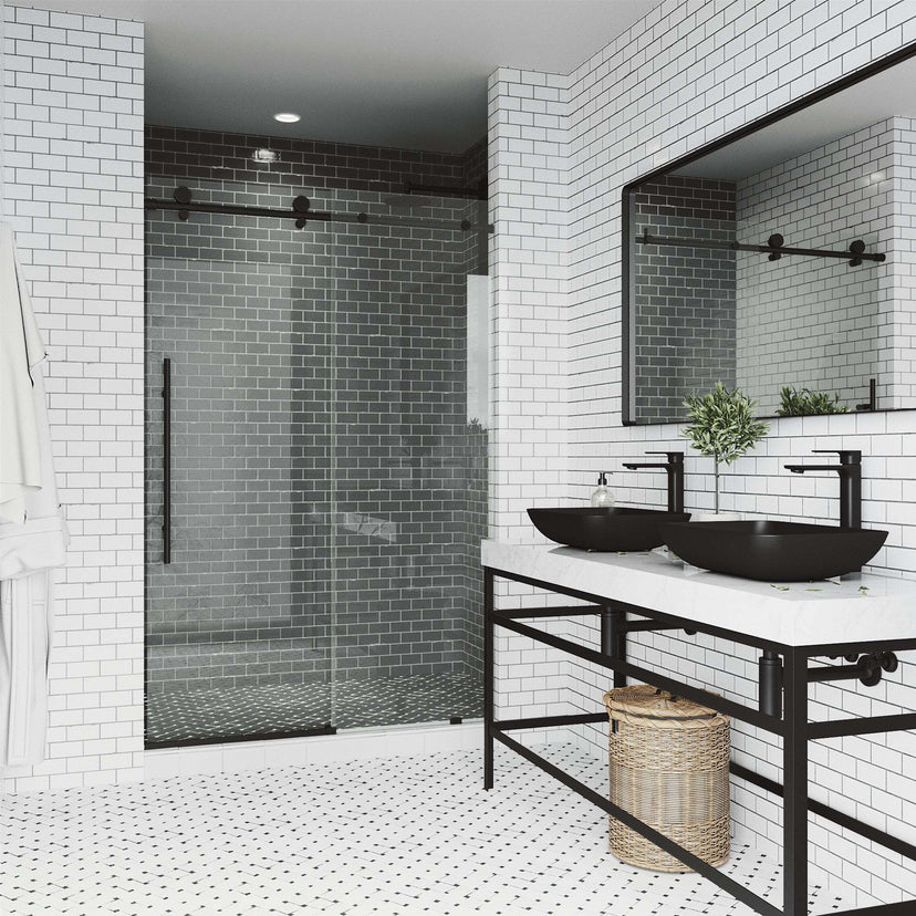 Stainless steel hardware matte black shower door, 76 in. height, clear tempered glass