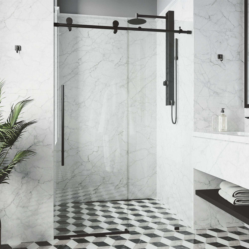 Clear glass frameless shower door with matte black bar handle, 48-52 in. width