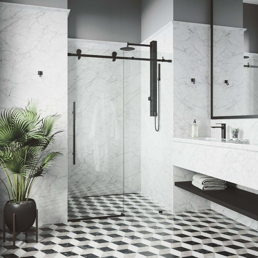 Reversible sliding shower door matte black finish, 48-52 in. adjustable, tempered glass