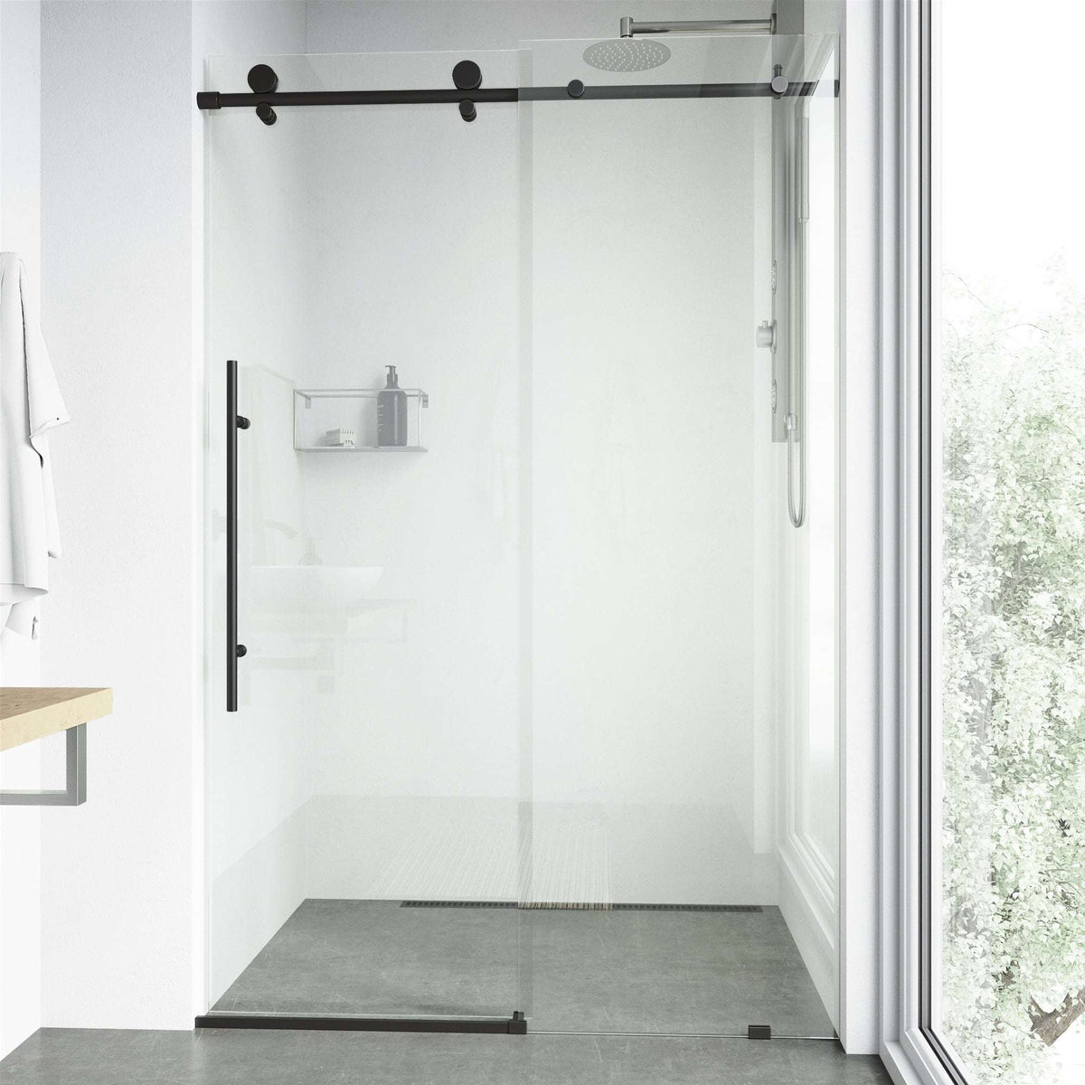 Matte black finish frameless shower door with clear glass, modern design, 76 in. tall