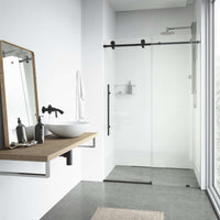 Sliding shower door with matte black hardware, clear tempered glass, 48-52 in. width