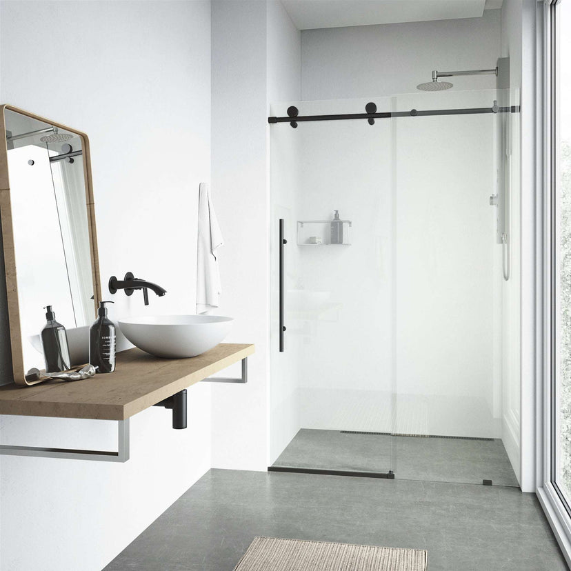 Sliding shower door with matte black hardware, clear tempered glass, 48-52 in. width