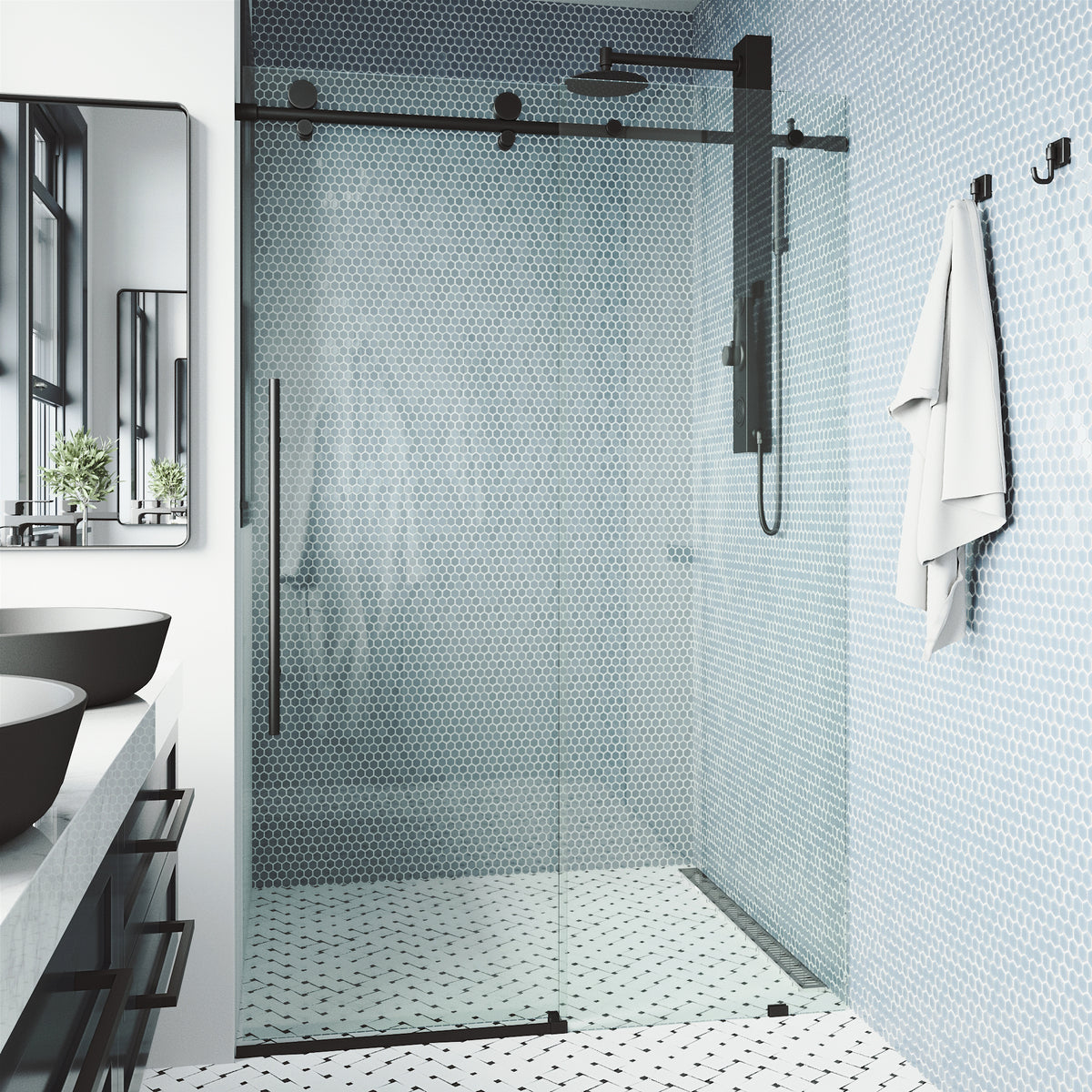 Elan E-Class 48 to 52 in. W x 76 in. H Frameless Sliding Shower Door and Elan 24 in. Linear Shower Drain in Matte Black