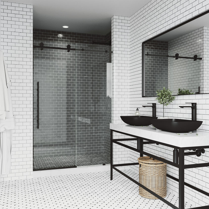 Elan E-Class 48 to 52 in. W x 76 in. H Frameless Sliding Shower Door and Elan 24 in. Linear Shower Drain in Matte Black
