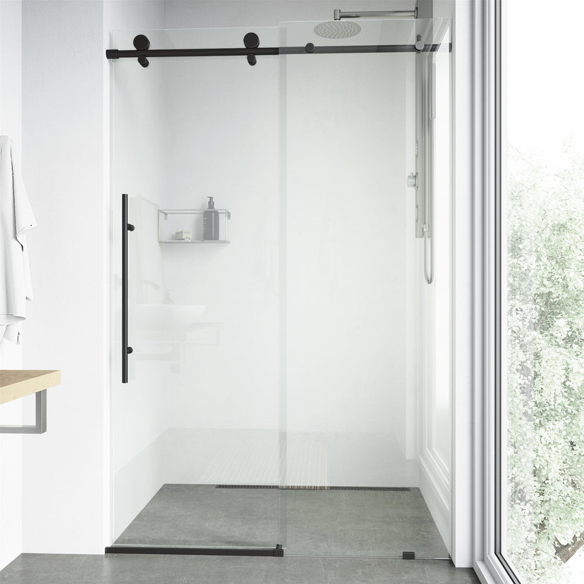 Elan E-Class 48 to 52 in. W x 76 in. H Frameless Sliding Shower Door and Elan 24 in. Linear Shower Drain in Matte Black
