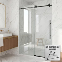 Elan E-Class 48 to 52 in. W x 76 in. H Frameless Sliding Shower Door and Meridian 4-Piece Bath Hardware Set in Matte Black