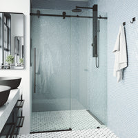 Elan E-Class 48 to 52 in. W x 76 in. H Frameless Sliding Shower Door and Meridian 4-Piece Bath Hardware Set in Matte Black