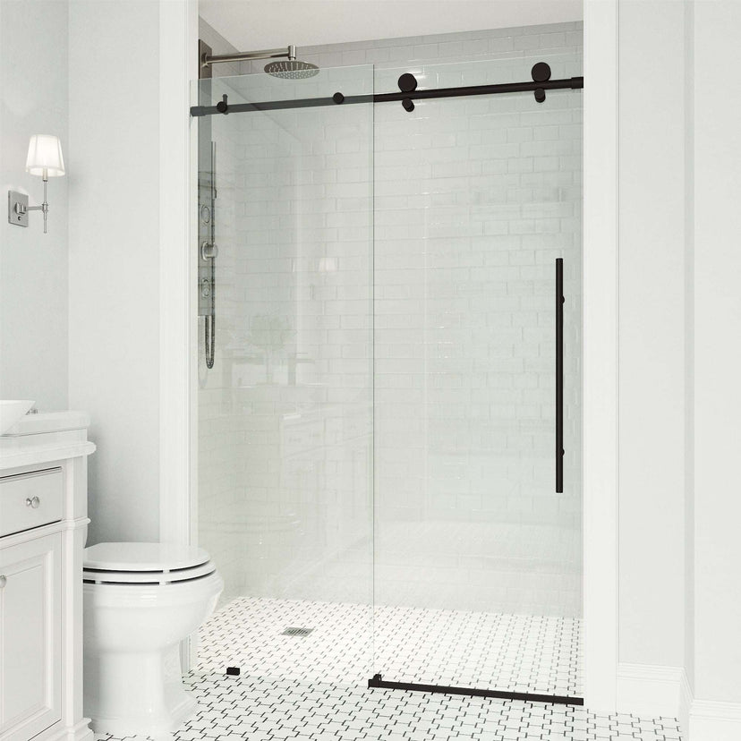Clear glass frameless shower door with matte black bar handle, 52-56 in. width