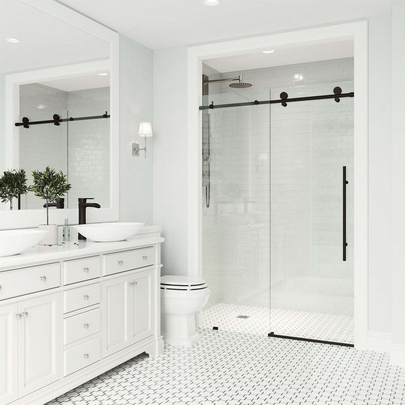 Reversible sliding shower door matte black finish, 52-56 in. adjustable, tempered glass