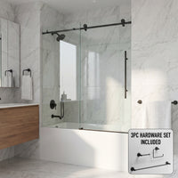 Elan E-Class 56-60 in. W x 66 in. H Frameless Sliding Tub Door in Matte Black with 3/8 in. (10mm) Clear Glass and Cass 3-Piece Bath Hardware Set