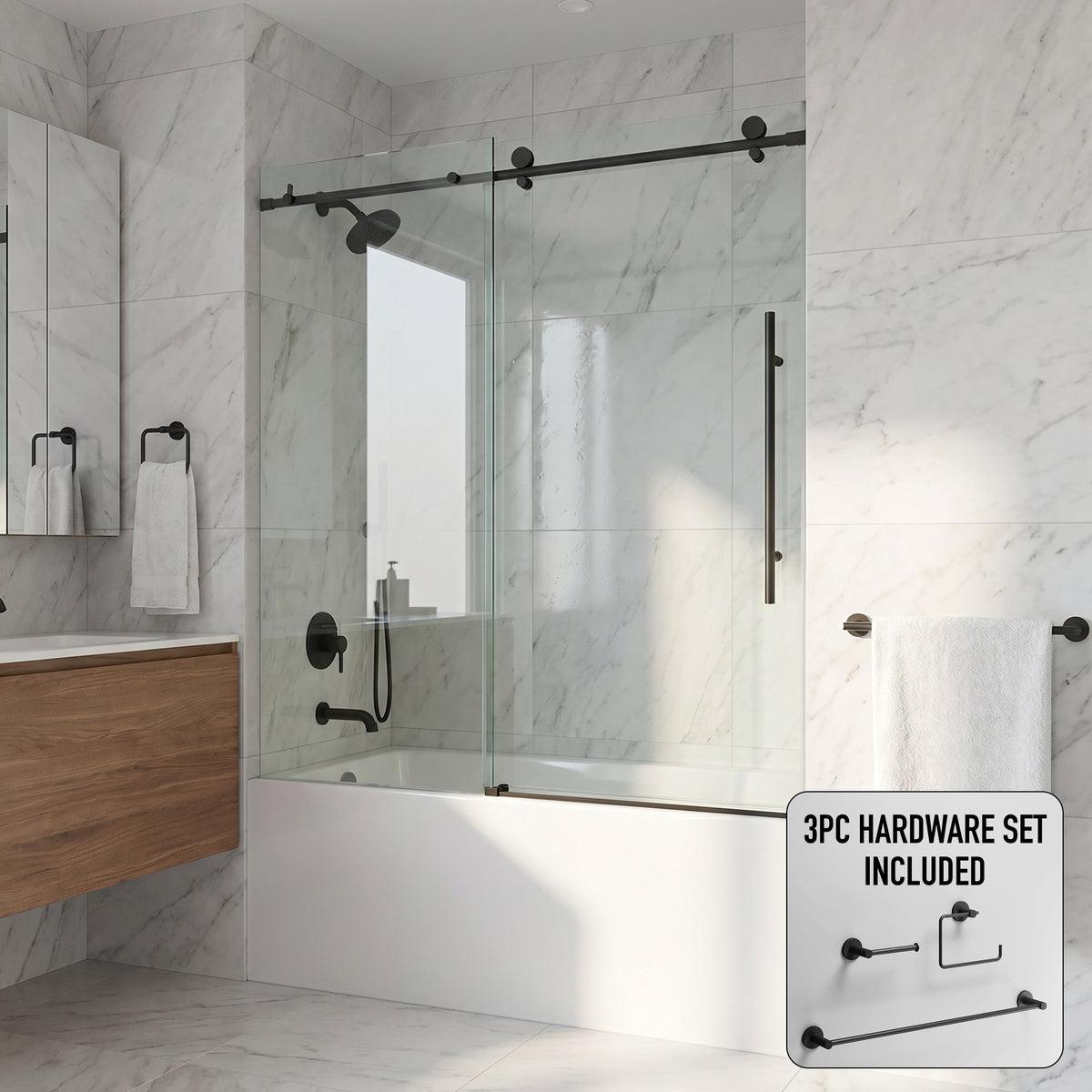 Elan E-Class 56-60 in. W x 66 in. H Frameless Sliding Tub Door in Matte Black with 3/8 in. (10mm) Clear Glass and Cass 3-Piece Bath Hardware Set