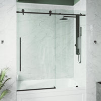 Elan E-Class 56-60 in. W x 66 in. H Frameless Sliding Tub Door in Matte Black with 3/8 in. (10mm) Clear Glass and Cass 3-Piece Bath Hardware Set