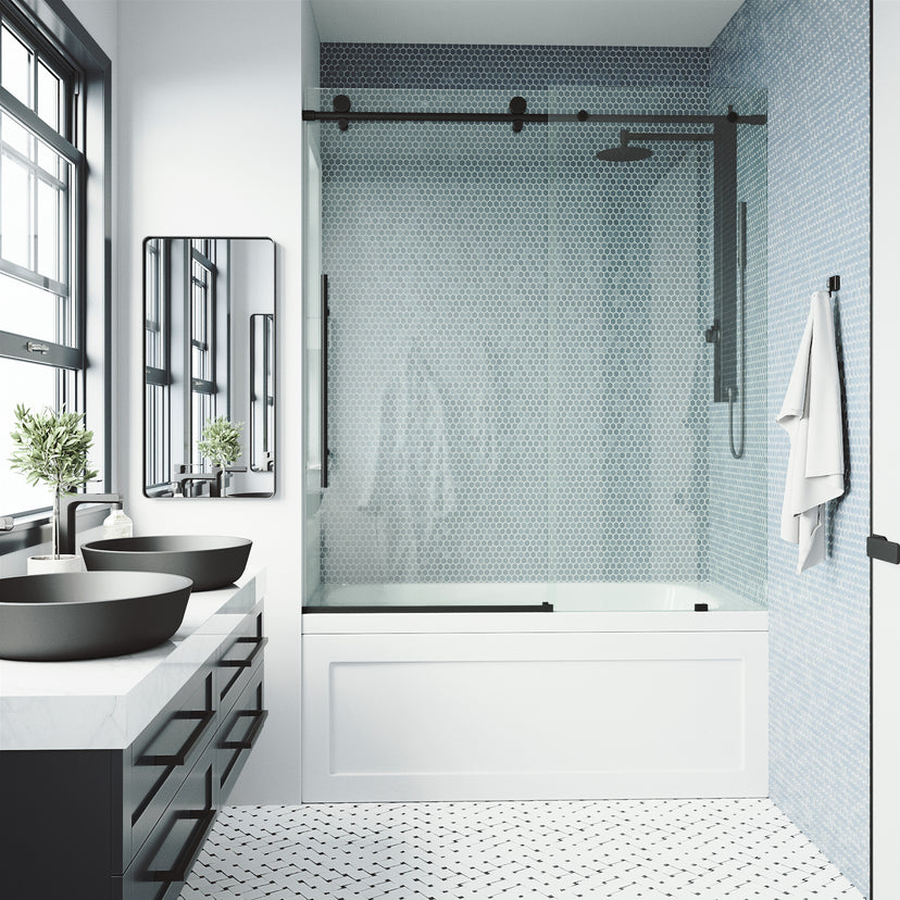 Elan E-Class 56-60 in. W x 66 in. H Frameless Sliding Tub Door in Matte Black with 3/8 in. (10mm) Clear Glass and Cass 3-Piece Bath Hardware Set