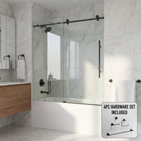 Elan E-Class 56-60 in. W x 66 in. H Frameless Sliding Tub Door in Matte Black with 3/8 in. (10mm) Clear Glass and Cass 4-Piece Bath Hardware Set