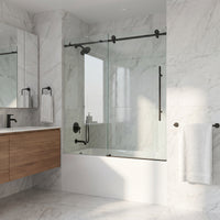 Elan E-Class 56-60 in. W x 66 in. H Frameless Sliding Tub Door in Matte Black with 3/8 in. (10mm) Clear Glass and Cass 4-Piece Bath Hardware Set