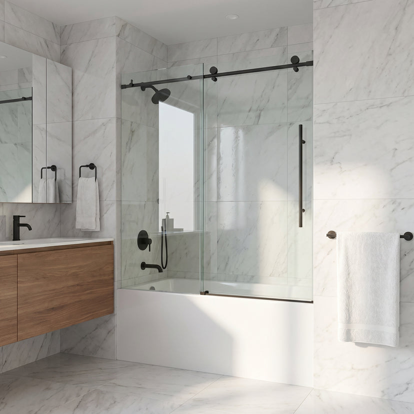 Elan E-Class 56-60 in. W x 66 in. H Frameless Sliding Tub Door in Matte Black with 3/8 in. (10mm) Clear Glass and Cass 4-Piece Bath Hardware Set