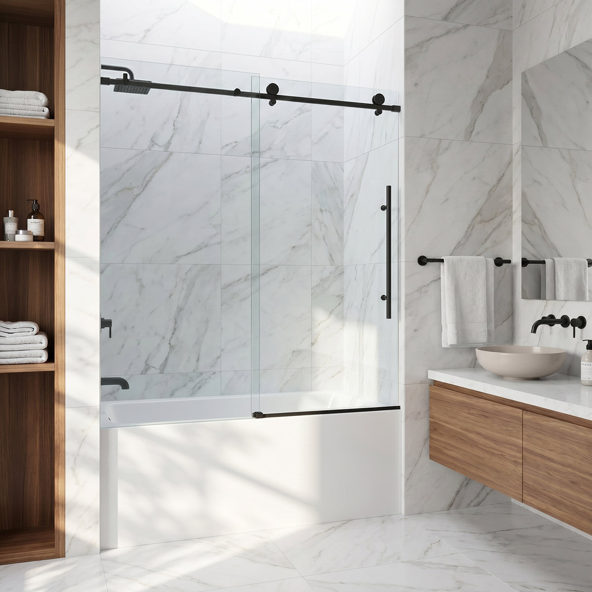 Elan E-Class 56-60 in. W x 66 in. H Frameless Sliding Tub Door in Matte Black with 3/8 in. (10mm) Clear Glass and Cass 4-Piece Bath Hardware Set