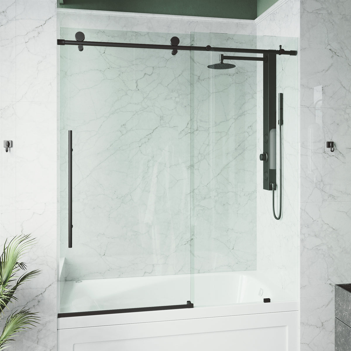Elan E-Class 56-60 in. W x 66 in. H Frameless Sliding Tub Door in Matte Black with 3/8 in. (10mm) Clear Glass and Cass 4-Piece Bath Hardware Set