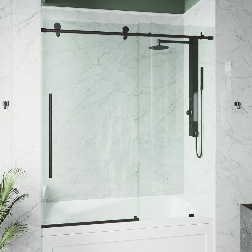 Elan E-Class 56-60 in. W x 66 in. H Frameless Sliding Tub Door in Matte Black with 3/8 in. (10mm) Clear Glass and Cass 4-Piece Bath Hardware Set