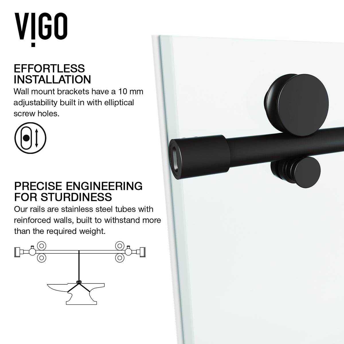 Elan E-Class 56-60 in. W x 66 in. H Frameless Sliding Tub Door in Matte Black with 3/8 in. (10mm) Clear Glass and Cass 4-Piece Bath Hardware Set