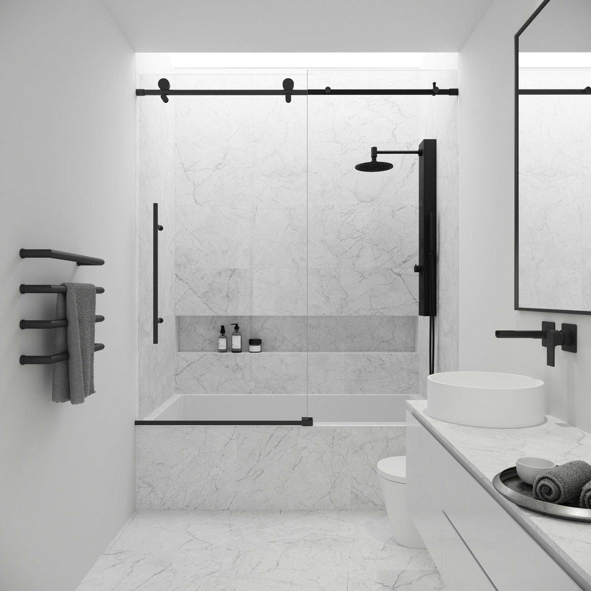 Modern frameless tub door, matte black, clear tempered glass, 66 in. height, sliding