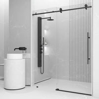 Matte black frameless sliding shower door with clear tempered glass, 56-60 in. width